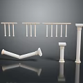 Scenic Architectural Landscape with White Pillars Railings Various Shapes Sizes Upright Leaning Dark Background Reflections
