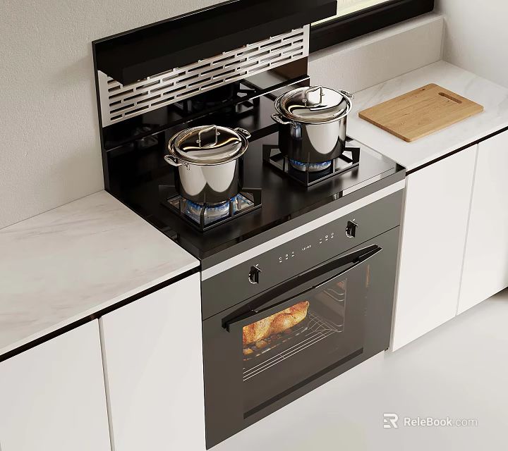 Modern Kitchen Featuring Gas Stove Pots Oven Baked Bread White Cabinets And Marble Countertop 3d model 