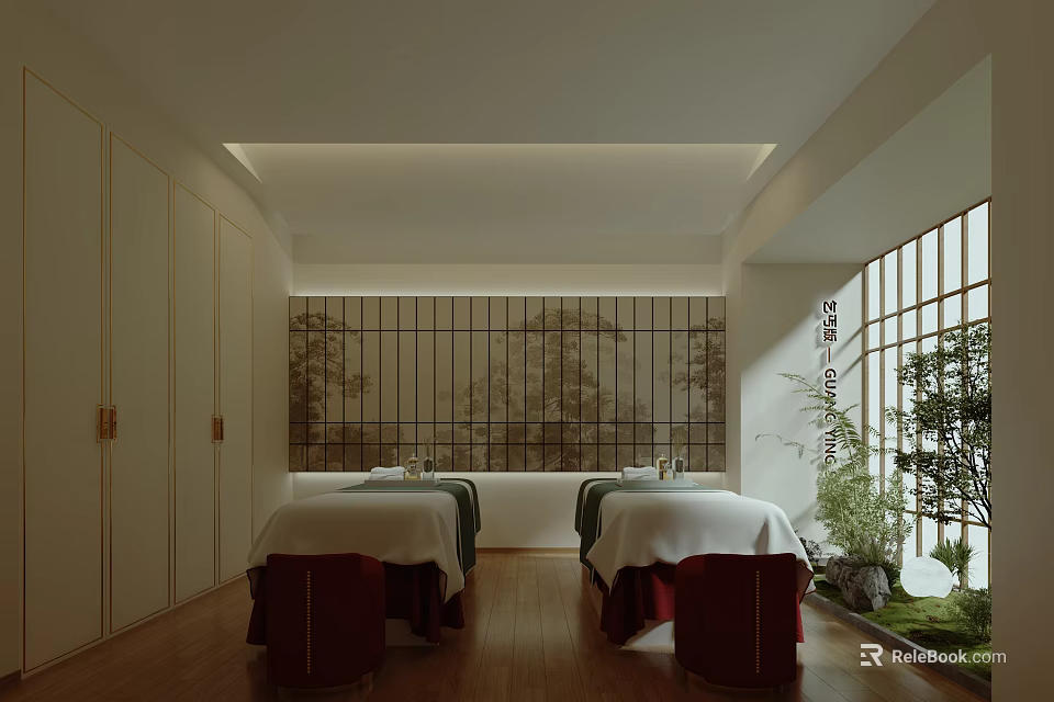 Serene Traditional SPA Interior Design With Massage Beds Wooden Screen And Shoji Window Green Plants 3d model 