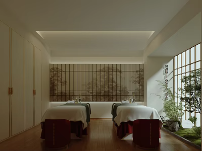 Serene Traditional SPA Interior Design With Massage Beds Wooden Screen And Shoji Window Green Plants 3d model