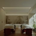 Serene Traditional SPA Interior Design With Massage Beds Wooden Screen And Shoji Window Green Plants