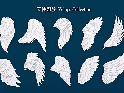 Angel Wings Wall Decor Collection With Various Feather Designs On Navy Background 3d model