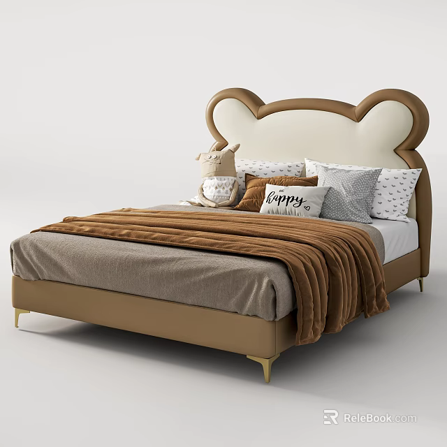 Kids Bed With Bear Ear Shaped Headboard Beige Brown Upholstered Soft Pillows Cozy Blanket 3d model 