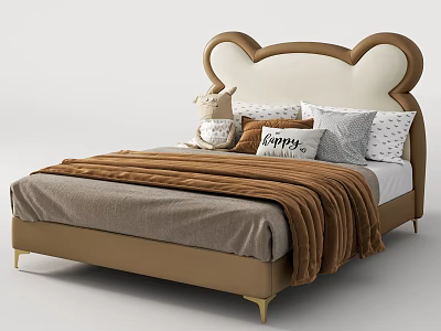 Kids Bed With Bear Ear Shaped Headboard Beige Brown Upholstered Soft Pillows Cozy Blanket 3d model
