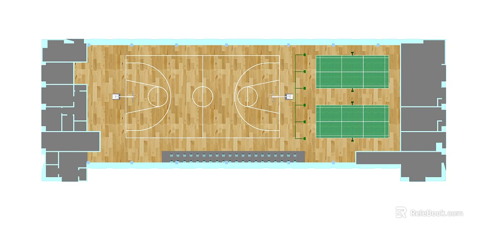 Sports Equipment For Indoor Basketball Court And Two Tennis Courts With Hoops And Nets 3d model 
