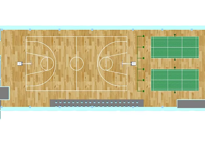 Sports Equipment For Indoor Basketball Court And Two Tennis Courts With Hoops And Nets 3d model