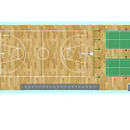 Sports Equipment For Indoor Basketball Court And Two Tennis Courts With Hoops And Nets