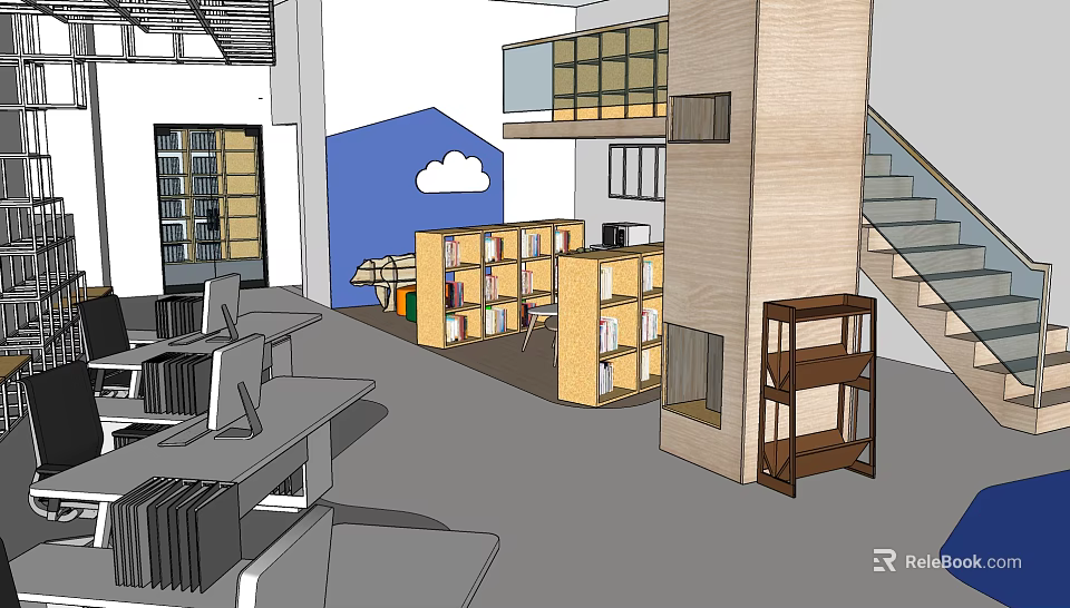 Modern Public Office Space Interior With Open Layout Desks Bookshelves And Windows 3d model 