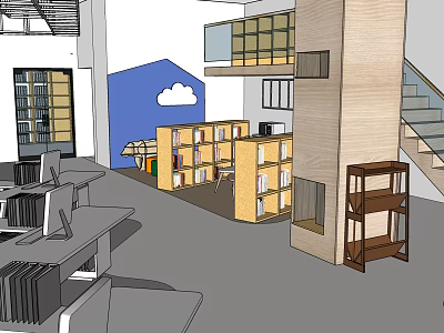 Modern Public Office Space Interior With Open Layout Desks Bookshelves And Windows 3d model