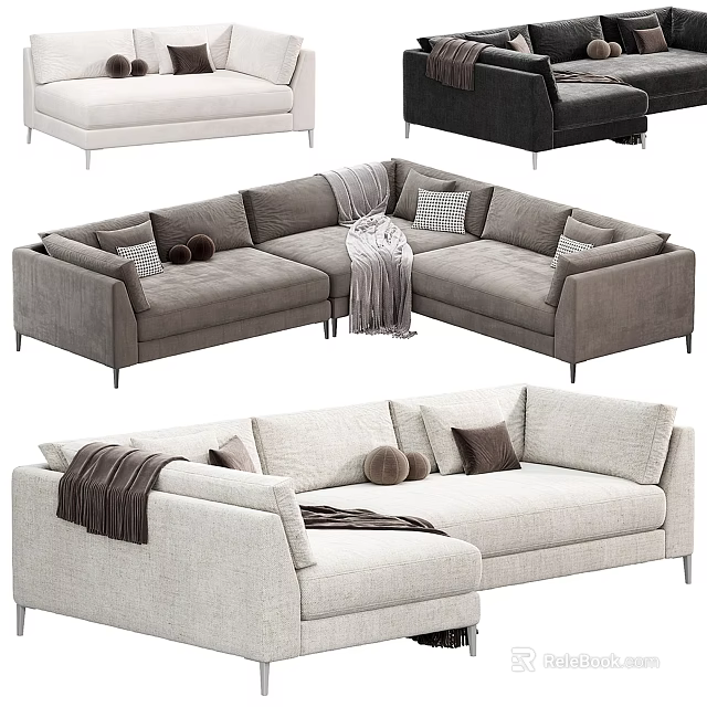Modern Corner Sofa Set With Neutral Tones Soft Cushions And Throw Blankets 3d model