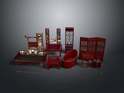 Chinese Traditional Red Wood Furniture Collection Including Bed Screen Table And Chairs 3d model