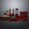 Chinese Traditional Red Wood Furniture Collection Including Bed Screen Table And Chairs