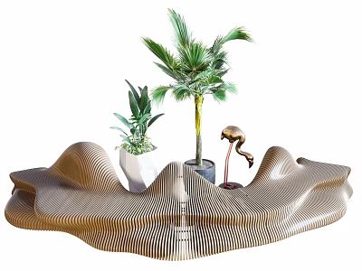 Wavy Brown Outdoor Chair With Palm Tree Small Plant And Flamingo Ornament In Outdoor Setting 3d model