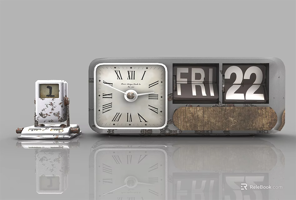Vintage Clocks Small Alarm Clock and Large Roman Numeral Clock with Date Display Wooden Design 3d model 
