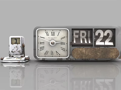 Vintage Clocks Small Alarm Clock and Large Roman Numeral Clock with Date Display Wooden Design 3d model