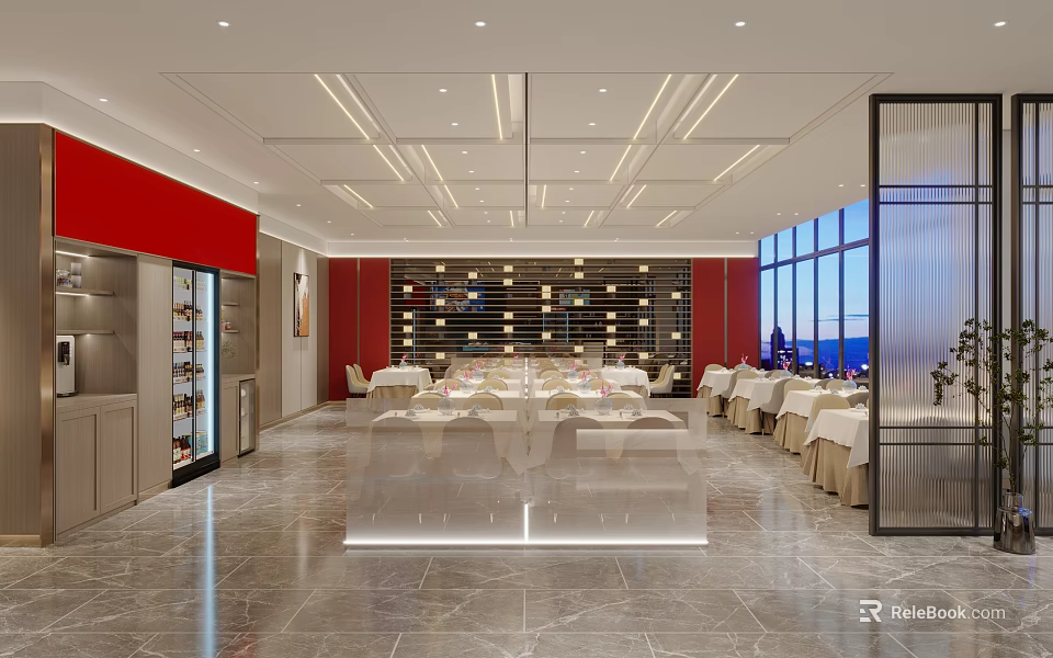 Elegant Restaurant Interior With Red Walls Wine Racks And Large Windows 3d model 