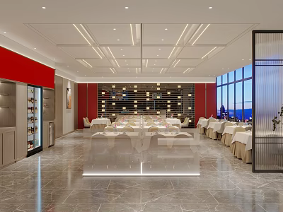 Elegant Restaurant Interior With Red Walls Wine Racks And Large Windows 3d model