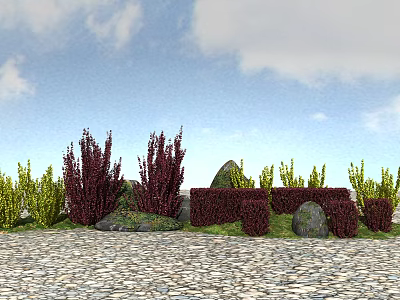 Vibrant Red and Green Bushes with Stones on Pebble Ground Under Blue Sky 3d model