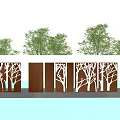 Modern Scenic Wall Design With Hollow-out White Tree Patterns Brown Panels And Water Reflection