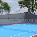 Outdoor Fitness Sports Court Blue Surface Wall With Health Management Text Heartbeat Line And Trees