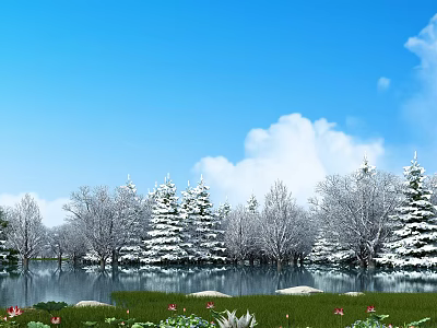 Snowy Garden Landscape with Snow-Covered Trees Pond Reflections Blue Sky White Clouds and Pink Flowers 3d model