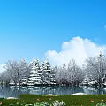 Snowy Garden Landscape with Snow-Covered Trees Pond Reflections Blue Sky White Clouds and Pink Flowers