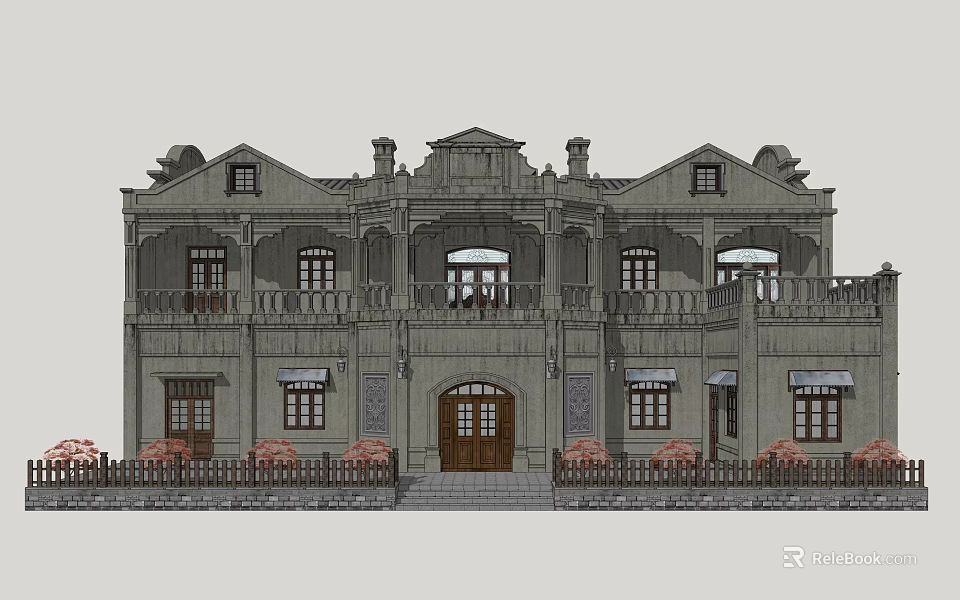 Traditional Chinese Two story Building With Arch Door Carved Windows And Decorative Roof 3d model 