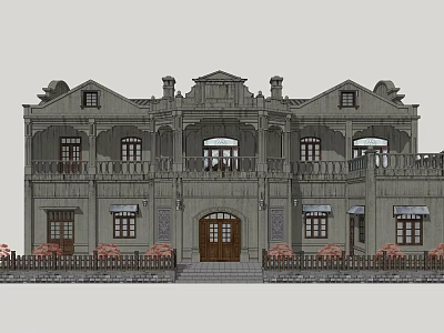 Traditional Chinese Two story Building With Arch Door Carved Windows And Decorative Roof 3d model