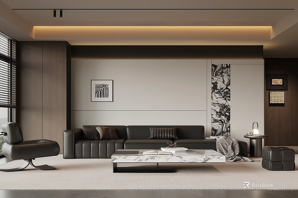 Modern Living Room Interior Design With Black Leather Sofa And Marble Coffee Table 3d model 