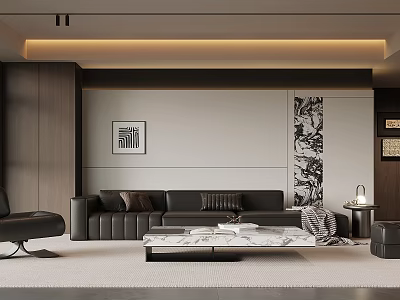 Modern Living Room Interior Design With Black Leather Sofa And Marble Coffee Table 3d model