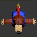 3D Red Bear with Black Nose Brown Belly Blue Suspenders Yellow Shorts Standing Arms Outstretched