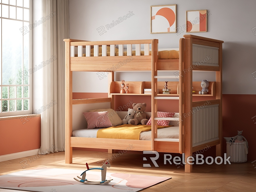 Simple Bunk Bed Children's Solid Wood Bed Children's Bed Children's Room Carpet Children's Toy Hanging Picture model