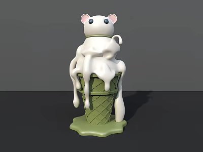 Instagrammable Green Ice Cream Cone Spot With Dripping White Cream And Mouse Doll 3d model