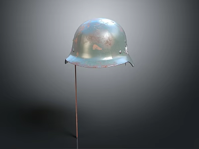 Vintage Military Protective Helmet With Worn Metal Surface On Display Stand 3d model