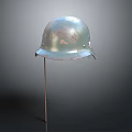 Vintage Military Protective Helmet With Worn Metal Surface On Display Stand
