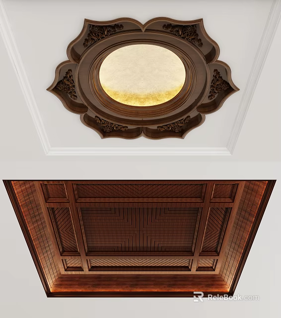 Wooden Carved Ceiling Design With Round Light And Grid Structure 3d model