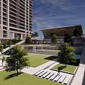 Modern Building Entrance With Paved Ground Glass Doors And Side Water Features
