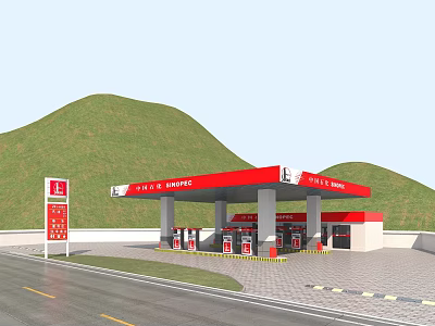 China Petroleum Gas Station With Red White Canopy Fuel Pumps And Green Hills 3d model