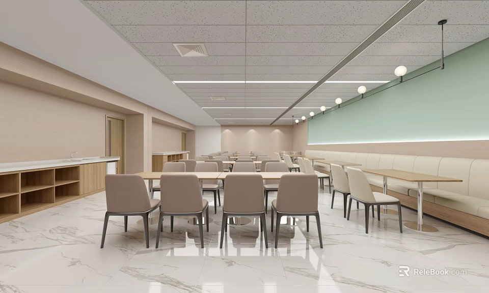 Modern Restaurant Interior With Open Layout Tables Chairs And Marble Floor 3d model