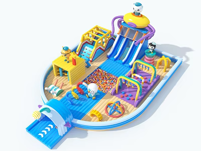 Colorful Boat Shaped Kids Playground Equipment with Slide Ball Pit Climbing Structure and Cartoon Decorations 3d model
