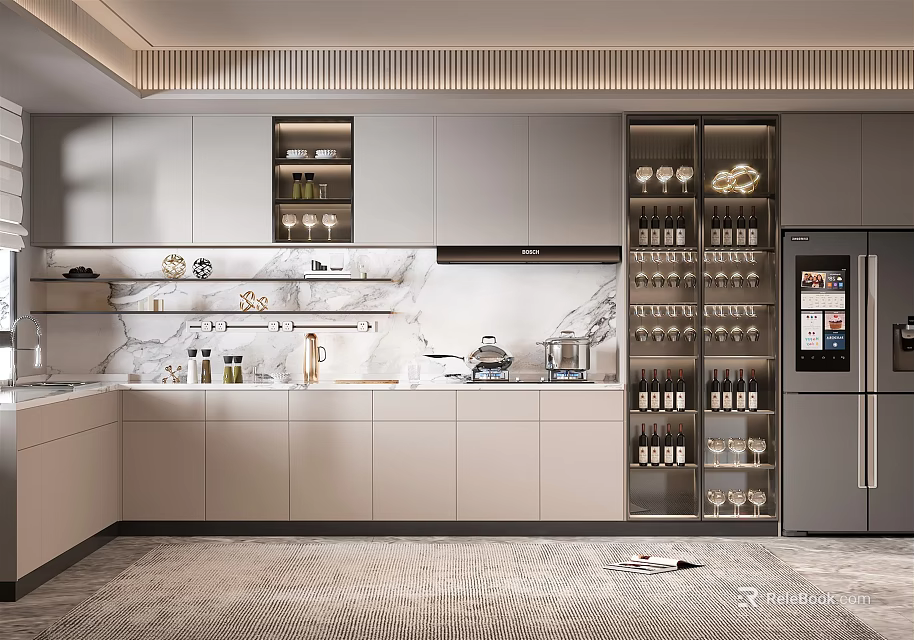 Elegant Modern Kitchen Interior With Marble Island Counter Cabinets And Appliances 3d model 