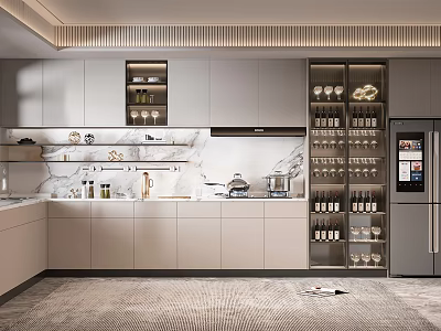 Elegant Modern Kitchen Interior With Marble Island Counter Cabinets And Appliances 3d model