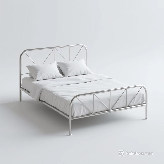 Double Bed with Geometric Metal Frame Two Pillows and White Sheets Modern Style 3d model 