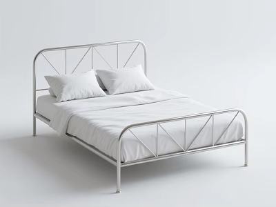 Double Bed with Geometric Metal Frame Two Pillows and White Sheets Modern Style 3d model