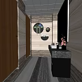 Modern Public Restroom Interior With Wooden Walls Circular Decorations Washbasins And Mirrors