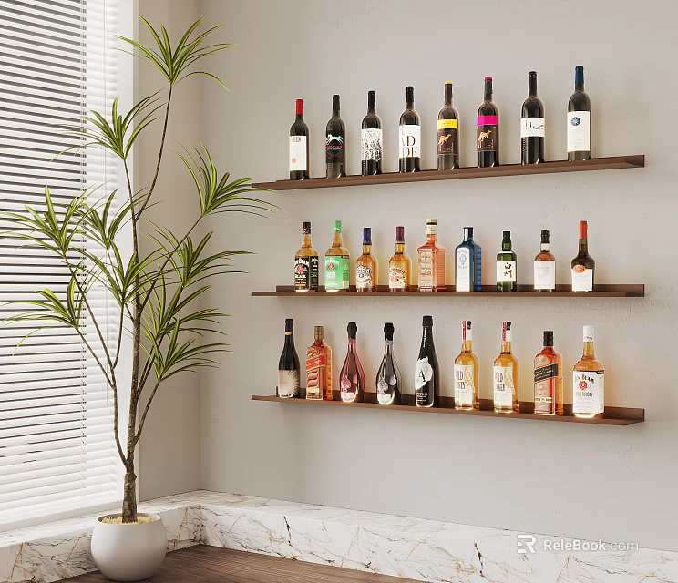 Stylish Wine Bottles Display on Wooden Shelves With Green Plant White Blinds and Marble Countertop 3d model 