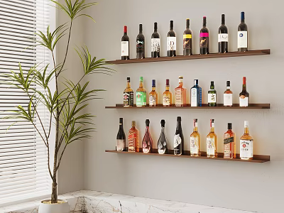 Stylish Wine Bottles Display on Wooden Shelves With Green Plant White Blinds and Marble Countertop 3d model