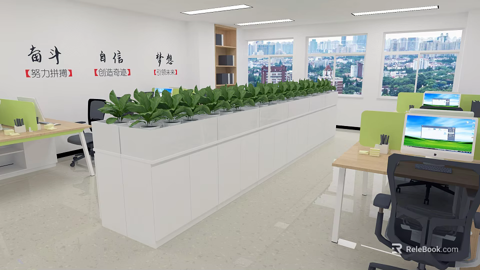 Modern Public Office Space Interior With Row of Green Plants Work Desks And Large Windows 3d model 