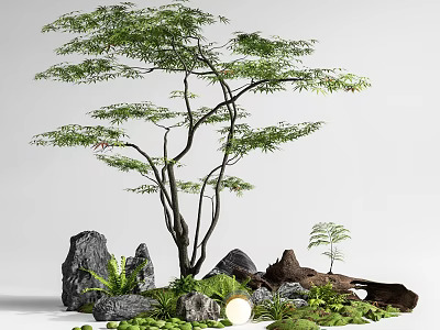 Tall Leafy Arbor Tree Surrounded by Rocks Ferns Young Sapling and Wooden Log with Greenery 3d model