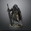 Raven Headed Warrior 3D Figurine With Detailed Armor Large Sword Dagger And Cracked Base